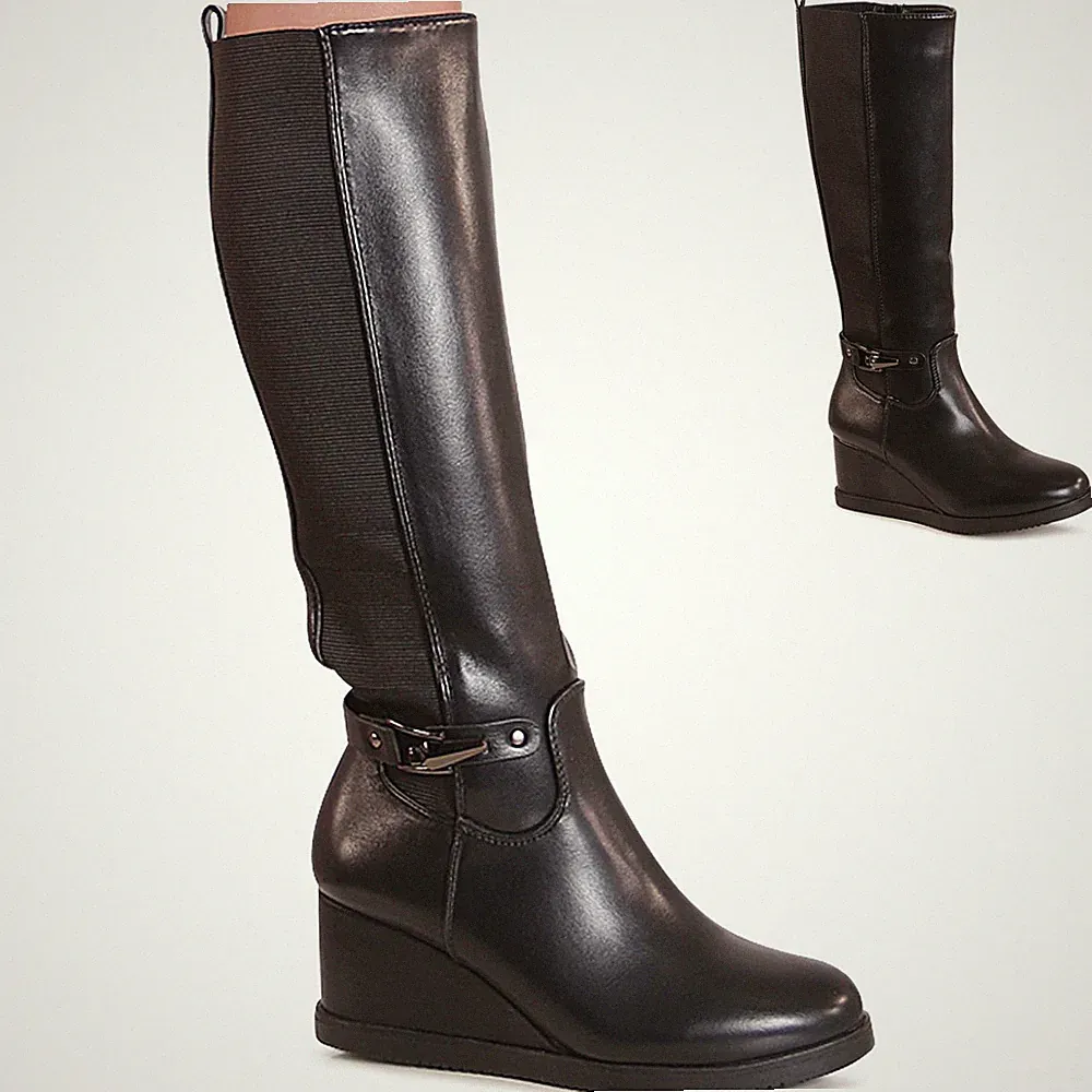 Damen Keilabsatz Stiefel Keil Boots Booties Langschaft