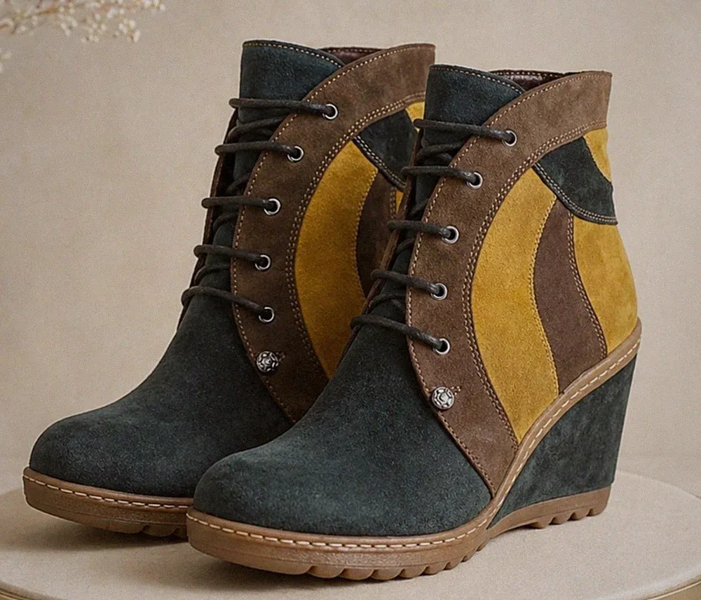 Damen Keilabsatz Stiefelette Boots Wedge Marc Shoes Leder Gr. 39 Blau Senf