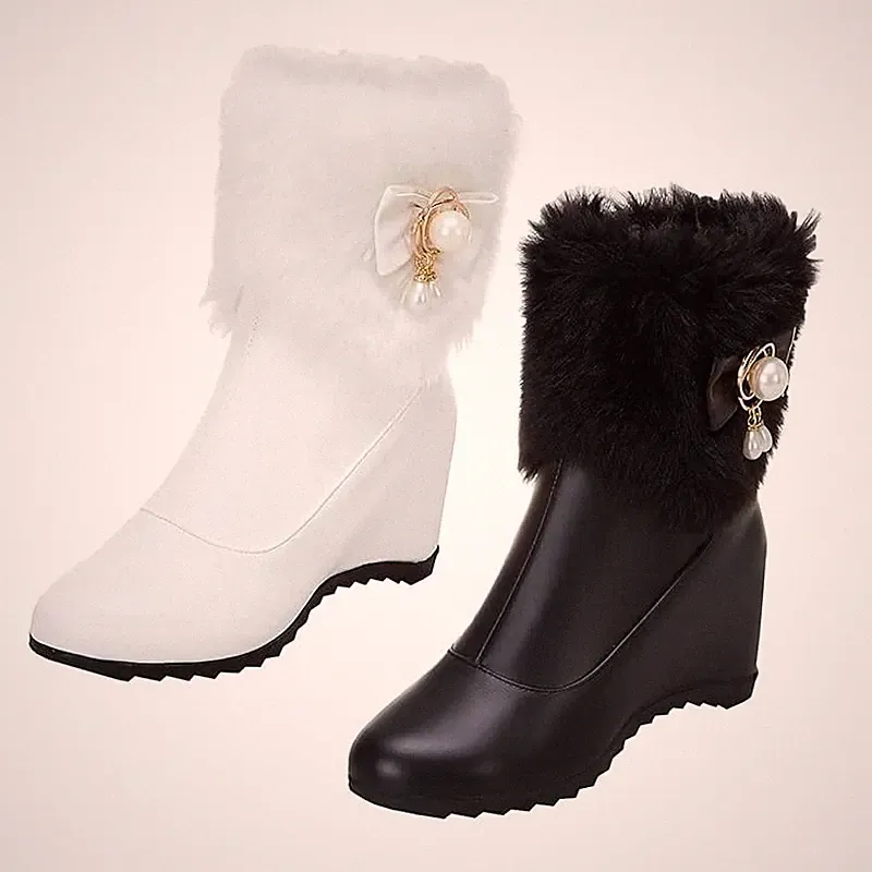 Damen Keilabsatz Stiefeletten mit Fell Schleife High Heels Wedges Ankle Boots