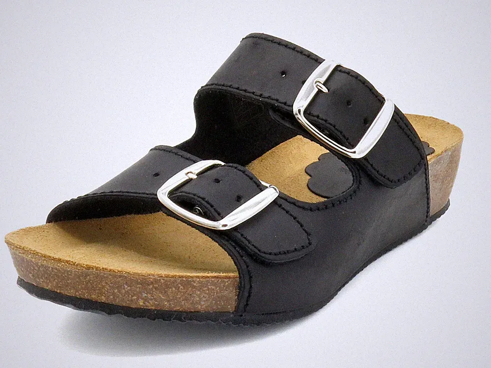 Damen Keilsandalen schwarz Leder Sandalen Keilabsatz Pantoletten Fußbett 35 - 42