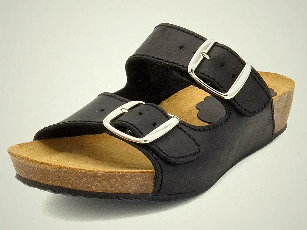 Damen Keilsandalen schwarz Leder Sandalen Keilabsatz Pantoletten Fußbett 35 - 42