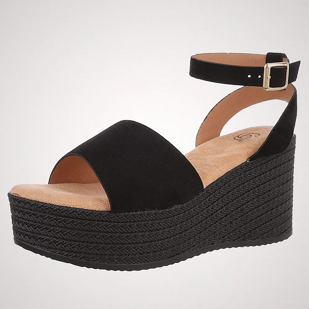 Damen Keilsandaletten mit Knöchelriemen Ital-Design 2955 in Schwarz