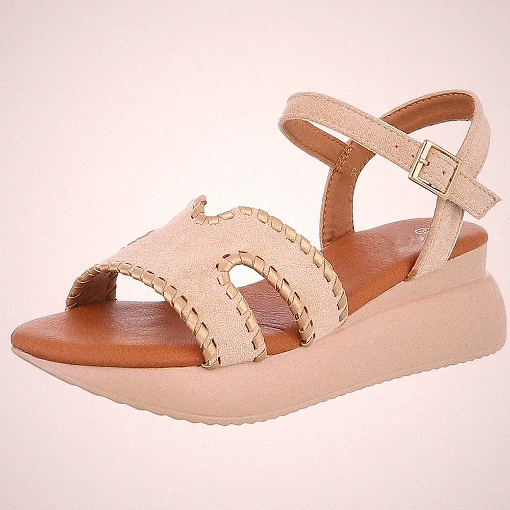 Damen Keilsandaletten mit Knöchelriemen Ital-Design 8427 in Beige