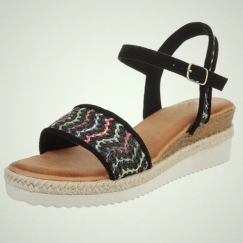 Damen Keilsandaletten mit Knöchelriemen Ital-Design 8640 in Schwarz
