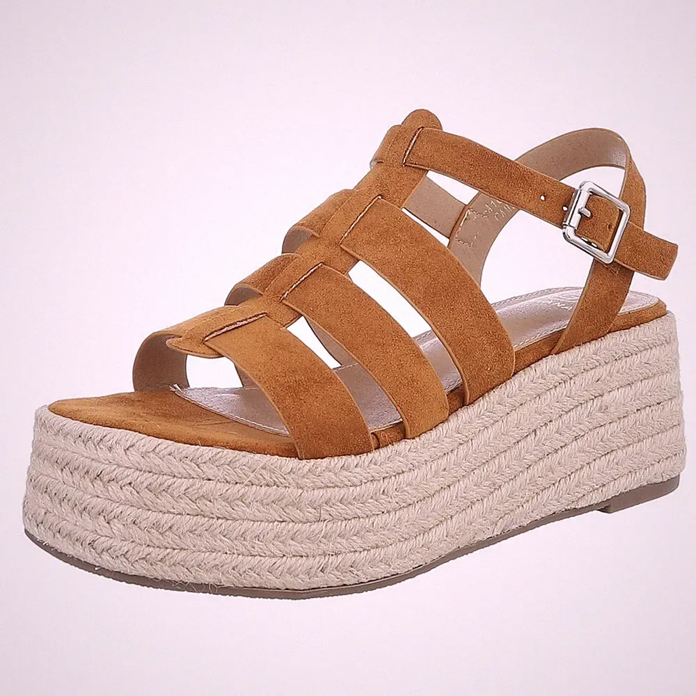 Damen Keilsandaletten mit Knöchelriemen Ital-Design 9279 in Camel