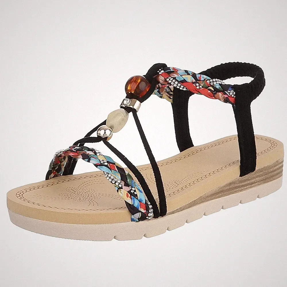 Damen Keilsandaletten mit Perlen und Strass Ital-Design 2624 in Schwarz