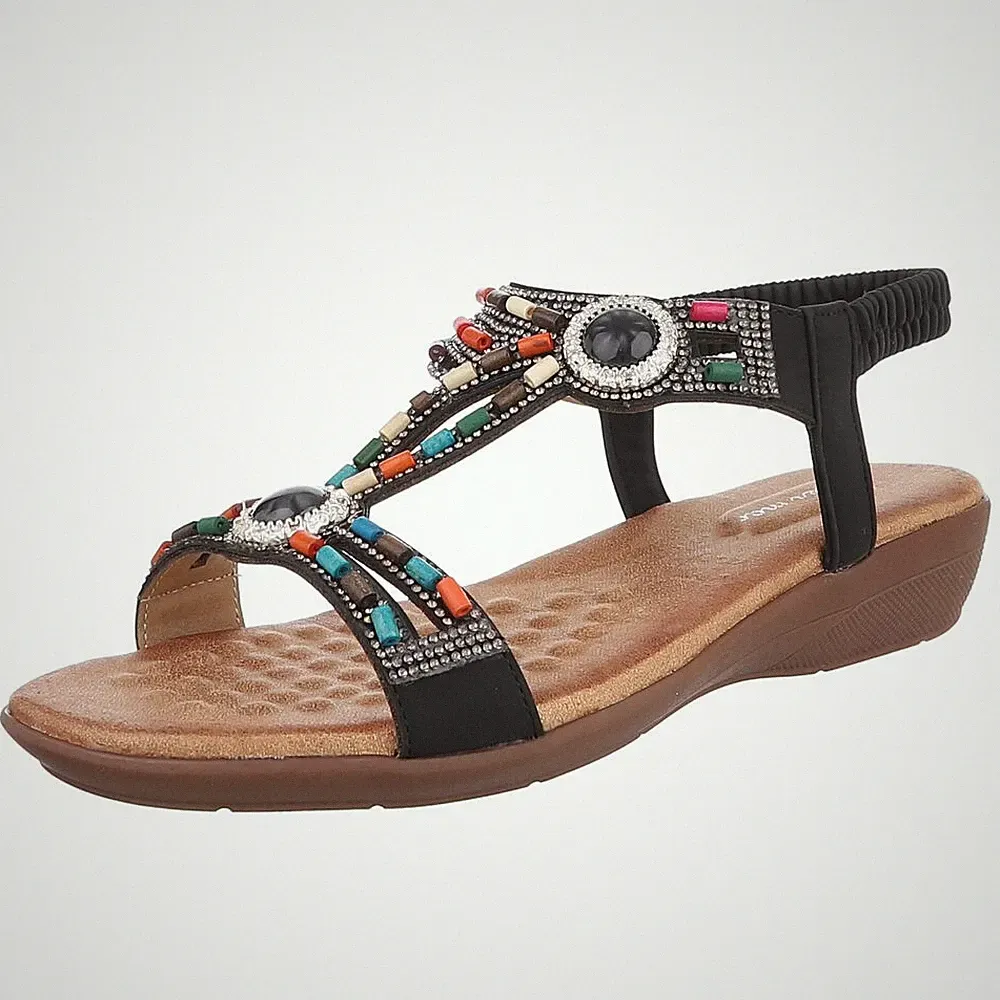 Damen Keilsandaletten mit Perlen und Strass Ital-Design 3557 in Schwarz