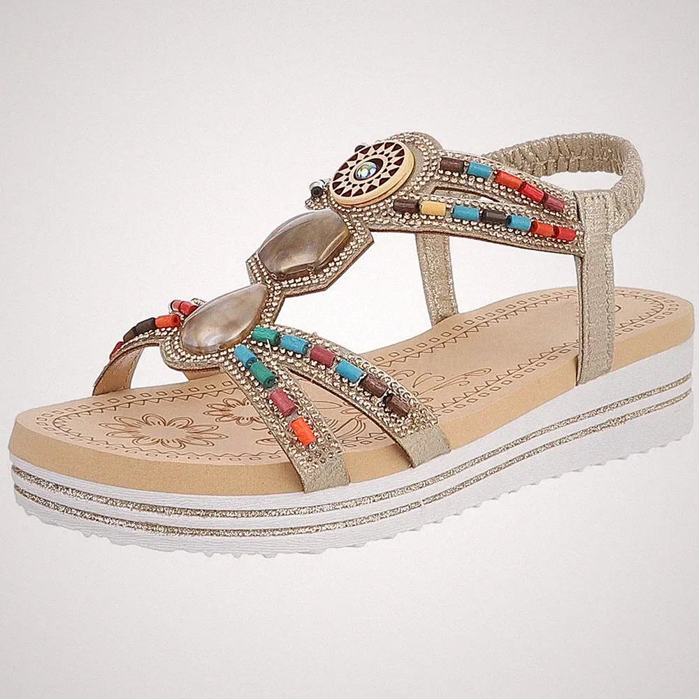 Damen Keilsandaletten mit Perlen und Strass Ital-Design 4061 in Gold