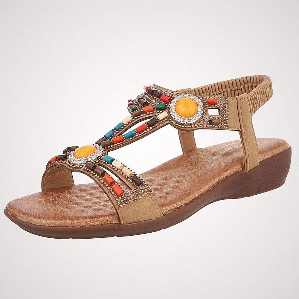 Damen Keilsandaletten mit Perlen und Strass Ital-Design 5089 in Camel