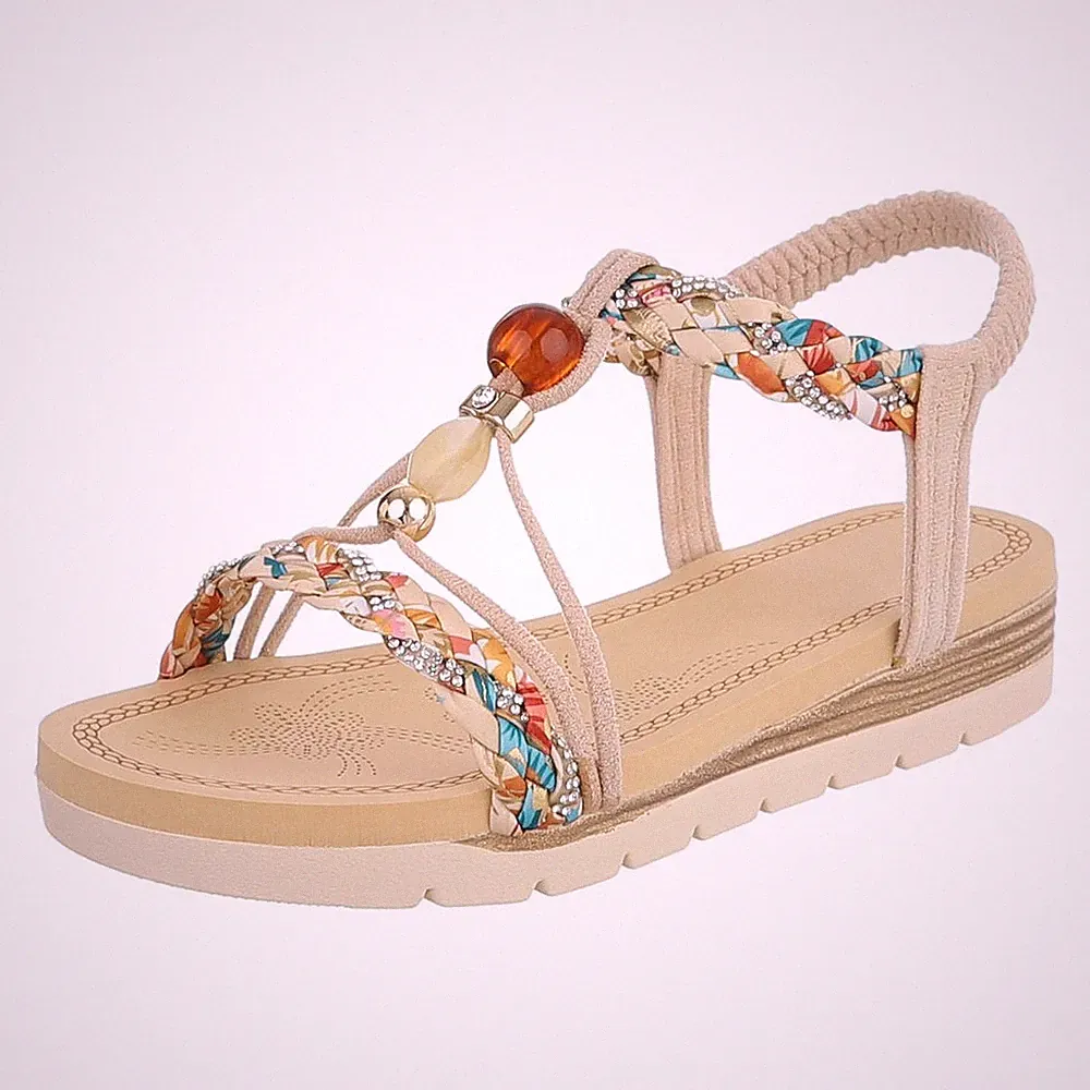 Damen Keilsandaletten mit Perlen und Strass Ital-Design 5169 in Beige