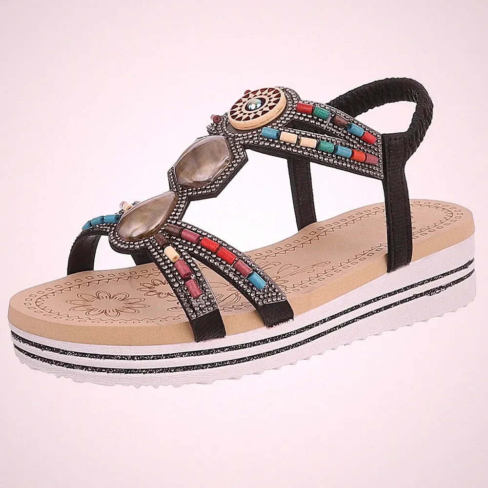 Damen Keilsandaletten mit Perlen und Strass Ital-Design 5381 in Schwarz