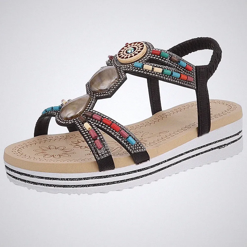 Damen Keilsandaletten mit Perlen und Strass Ital-Design 5381 in Schwarz