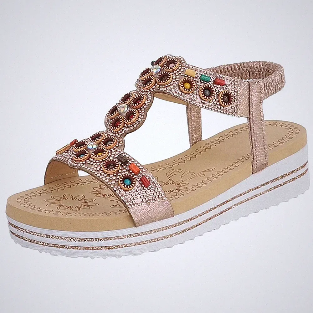 Damen Keilsandaletten mit Perlen und Strass Ital-Design 7165 in Roségold