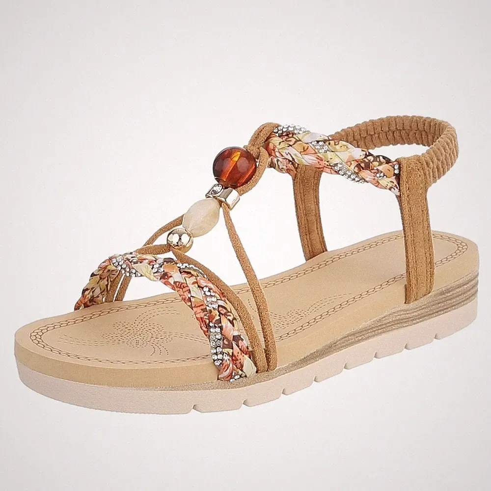 Damen Keilsandaletten mit Perlen und Strass Ital-Design 7738 in Camel