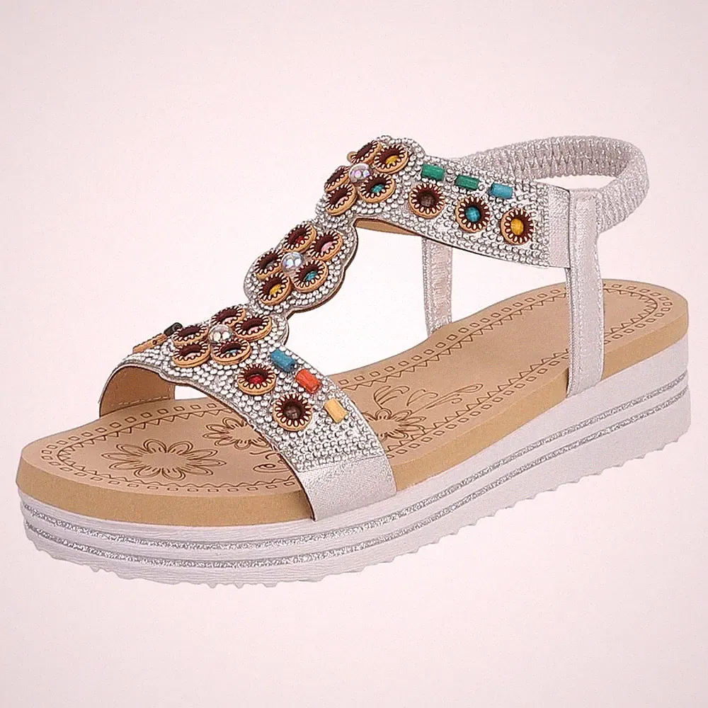 Damen Keilsandaletten mit Perlen und Strass Ital-Design 8064 in Silber