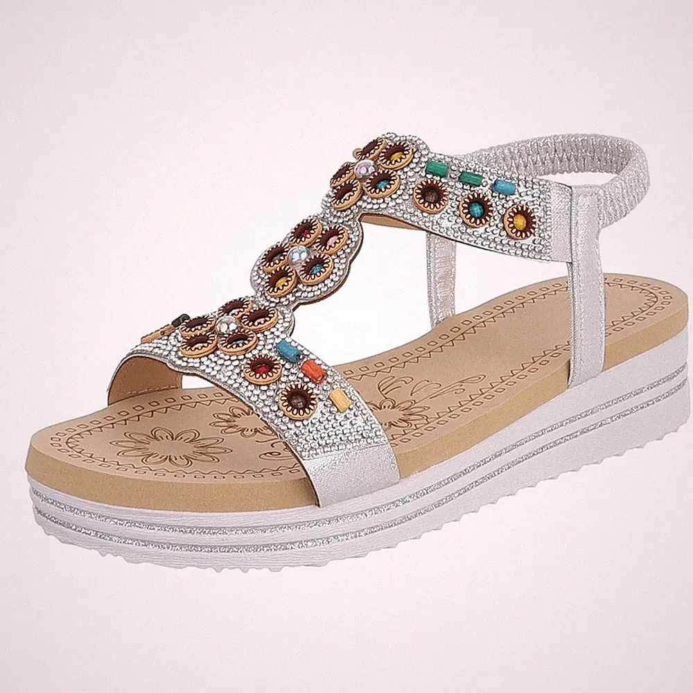 Damen Keilsandaletten mit Perlen und Strass Ital-Design 8064 in Silber