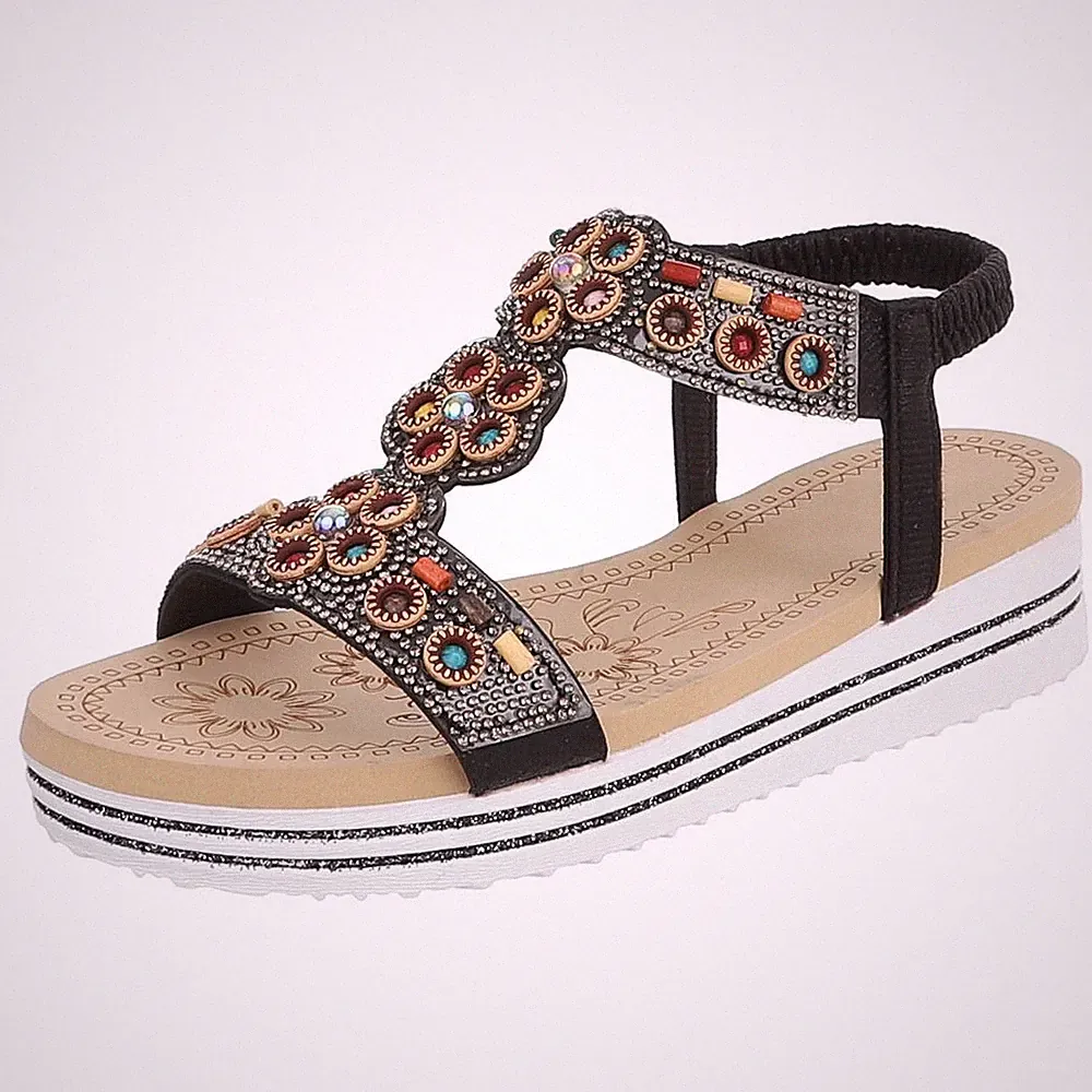Damen Keilsandaletten mit Perlen und Strass Ital-Design 9729 in Schwarz