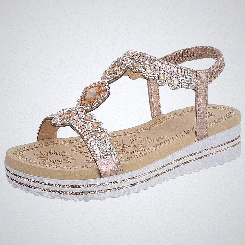 Damen Keilsandaletten mit Strass Ital-Design 4044 in Champagner