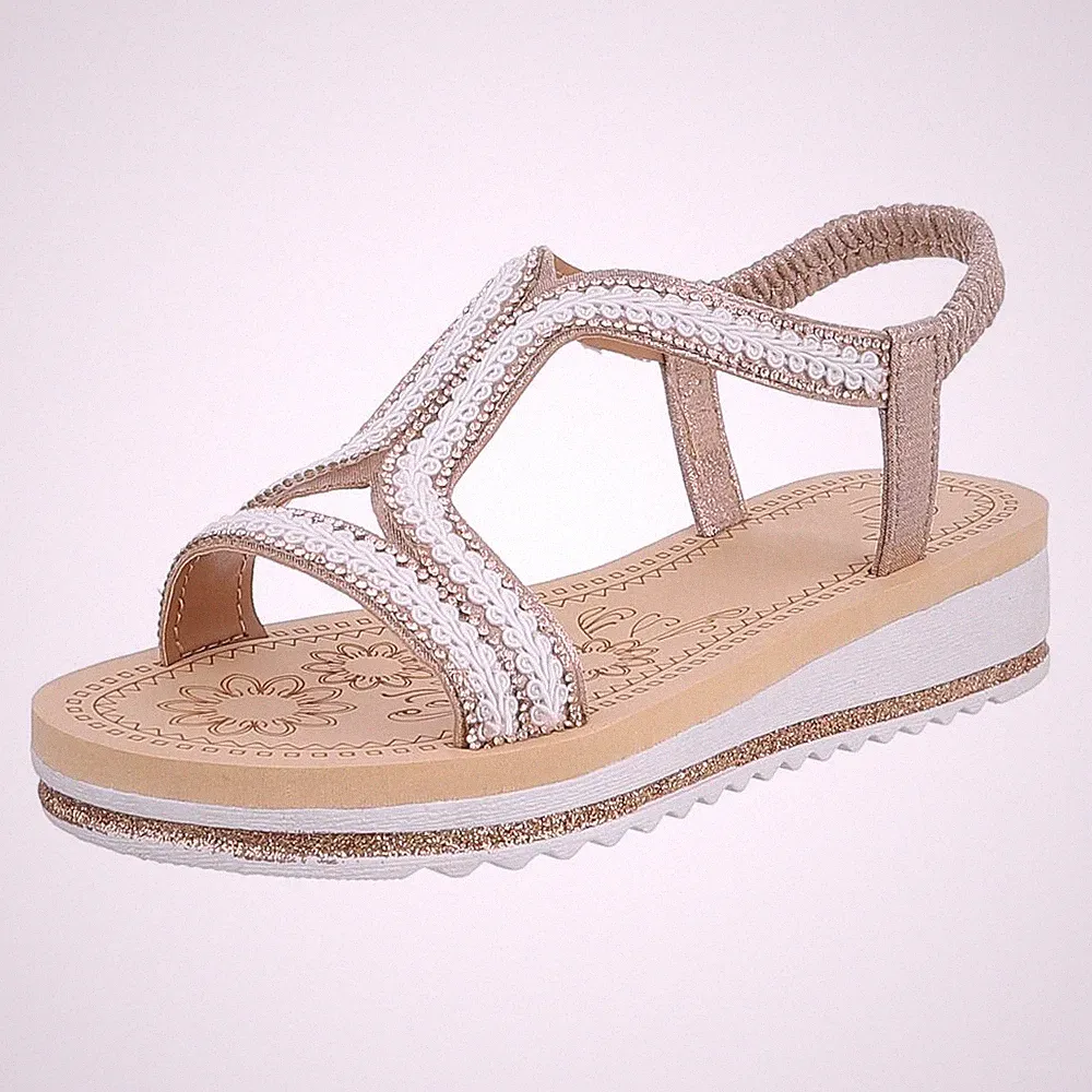 Damen Keilsandaletten mit Strass und Knöchelriemen Ital-Design 0752 in Beige