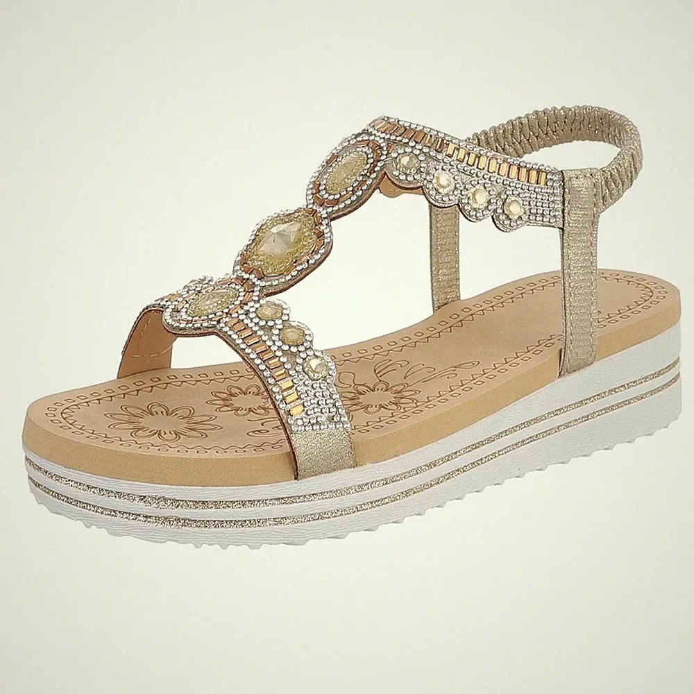 Damen Keilsandaletten mit Strass und Knöchelriemen Ital-Design 6837 in Gold