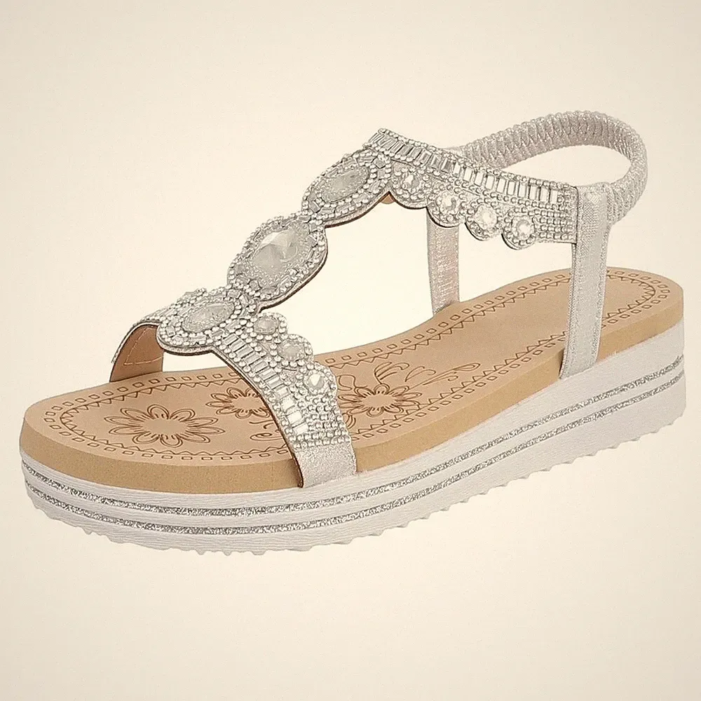 Damen Keilsandaletten mit Strass und Knöchelriemen Ital-Design 8661 in Silber