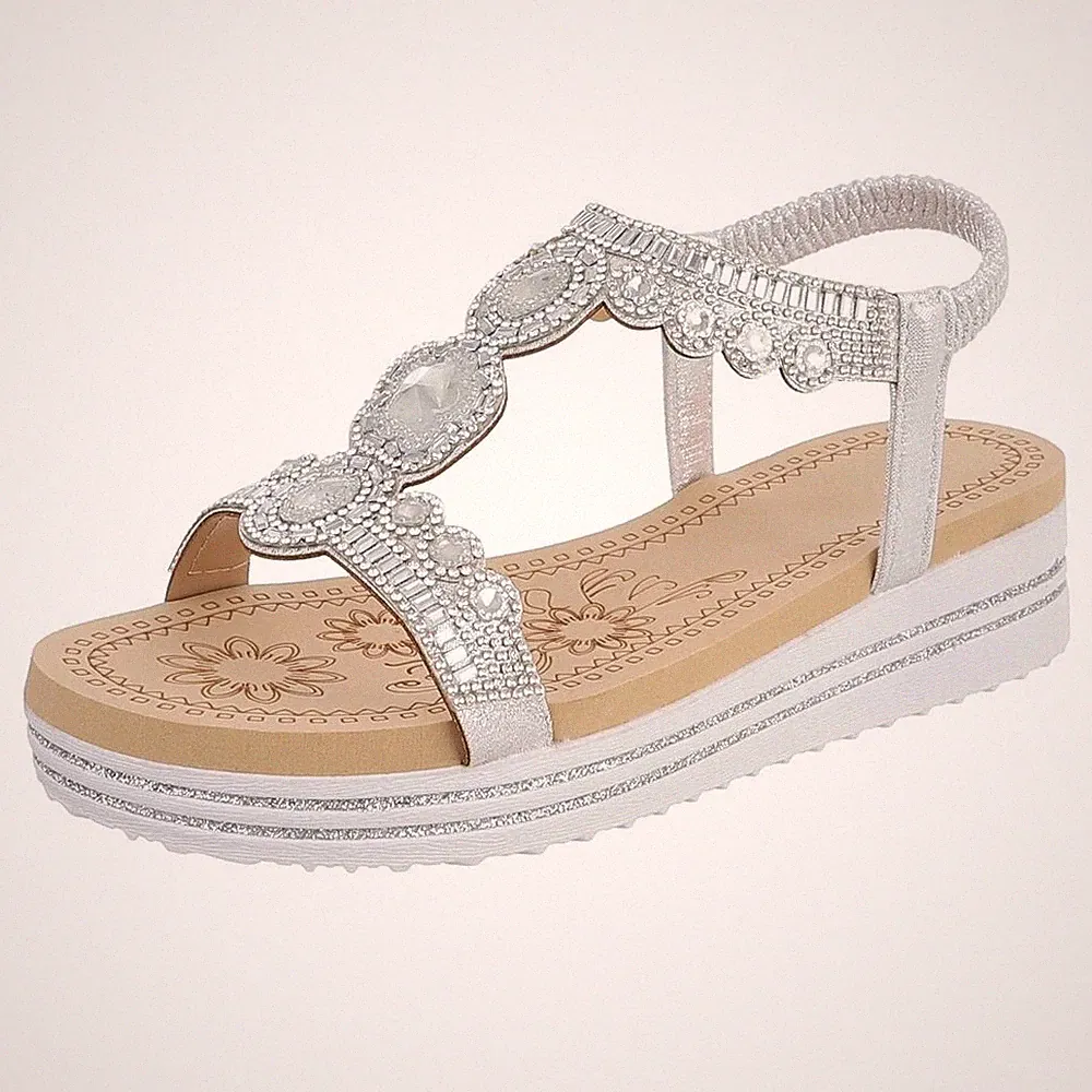 Damen Keilsandaletten mit Strass und Knöchelriemen Ital-Design 8661 in Silber