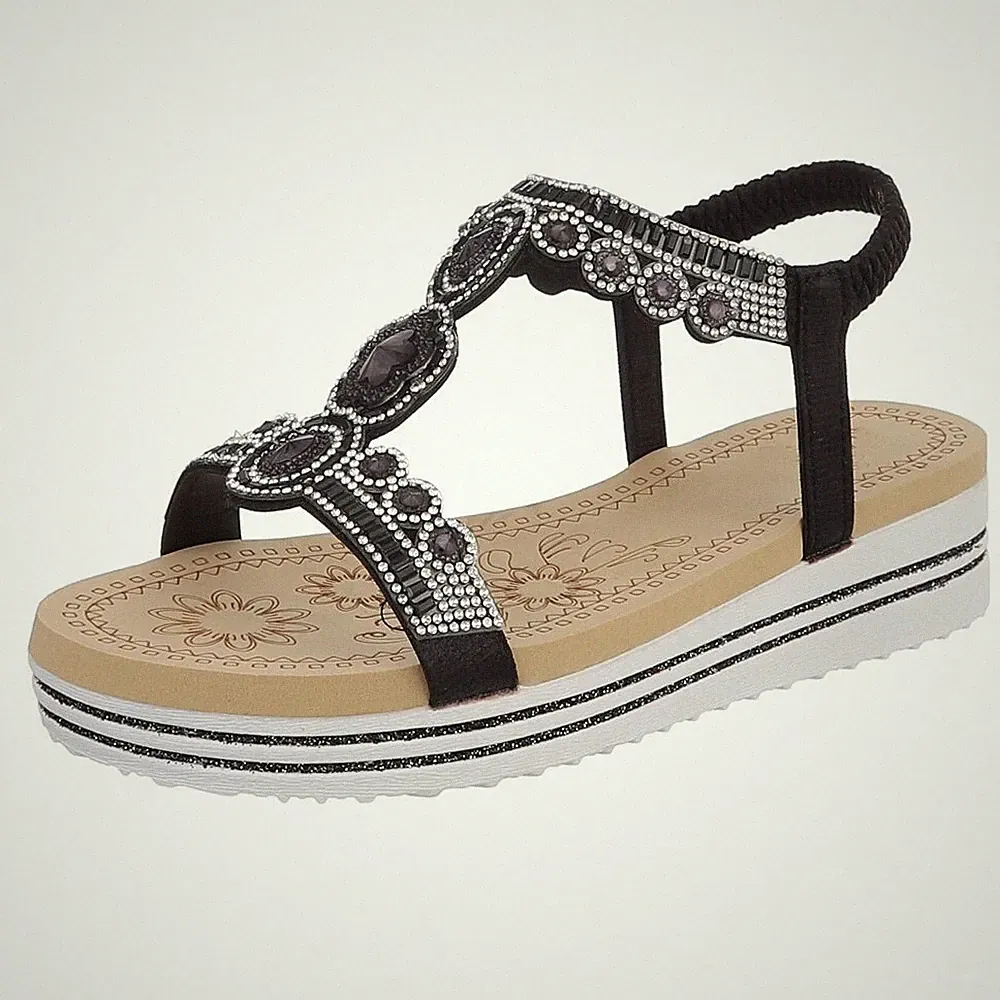 Damen Keilsandaletten mit Strass und Knöchelriemen Ital-Design 8773 in Schwarz