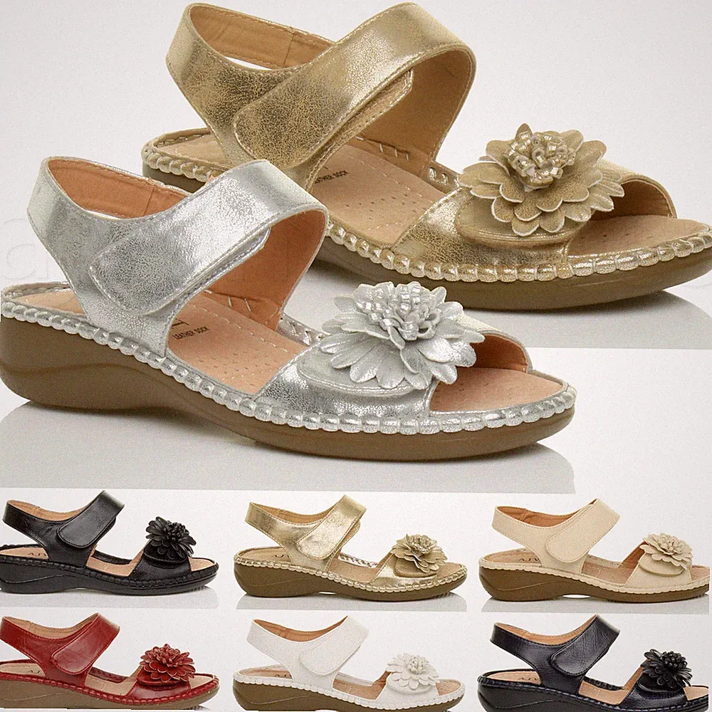 Damen Kleiner Keilabsatz Klettband Slingback Blume Komfort Sandalen Größe
