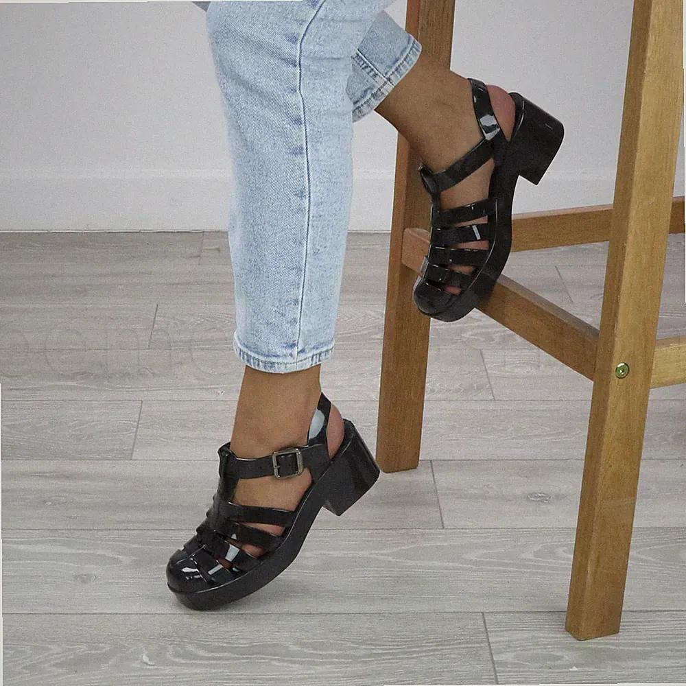 DAMEN KLOBIGER ABSATZ GLADIATOR FISCHER GELEE 90er PLATEAU SANDALEN GRÖSSE