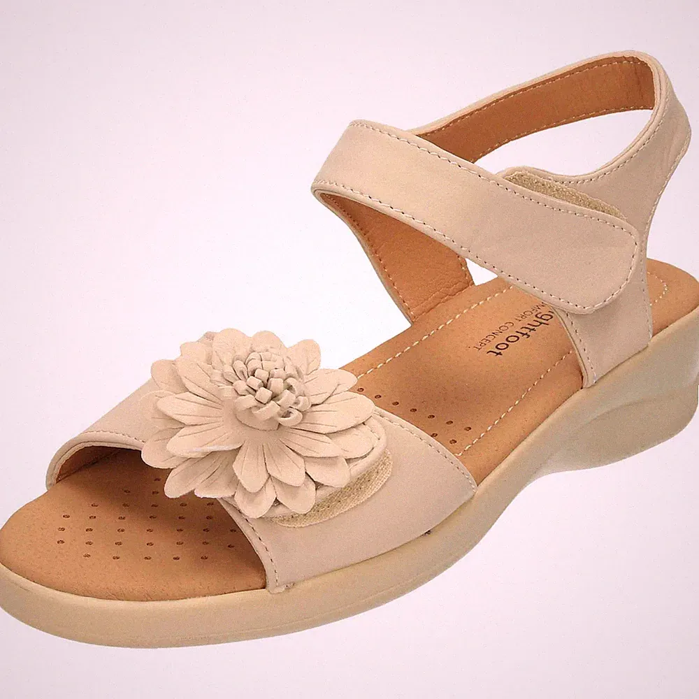 Damen Komfort Sandalen offene Zehenpartie beige Fersenriemen niedriger Keilabsatz Schuh Dr Lightfoot