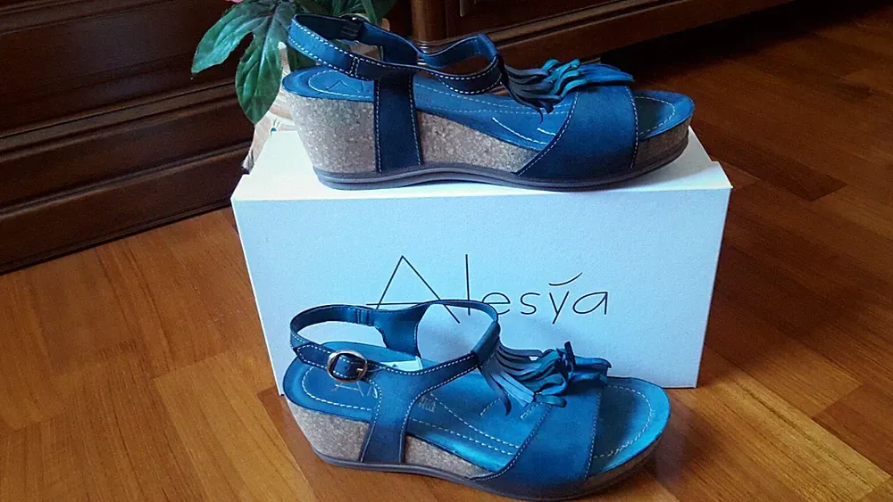 Damen Kork Keilabsatz Sandalen sehr weiches Leder, Alesýa, Gr.38 blau grün alt