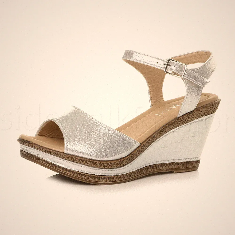 Damen Ladies High Heel Schnalle Espadrille Kork Plateau Wedges Sandalen Gr.
