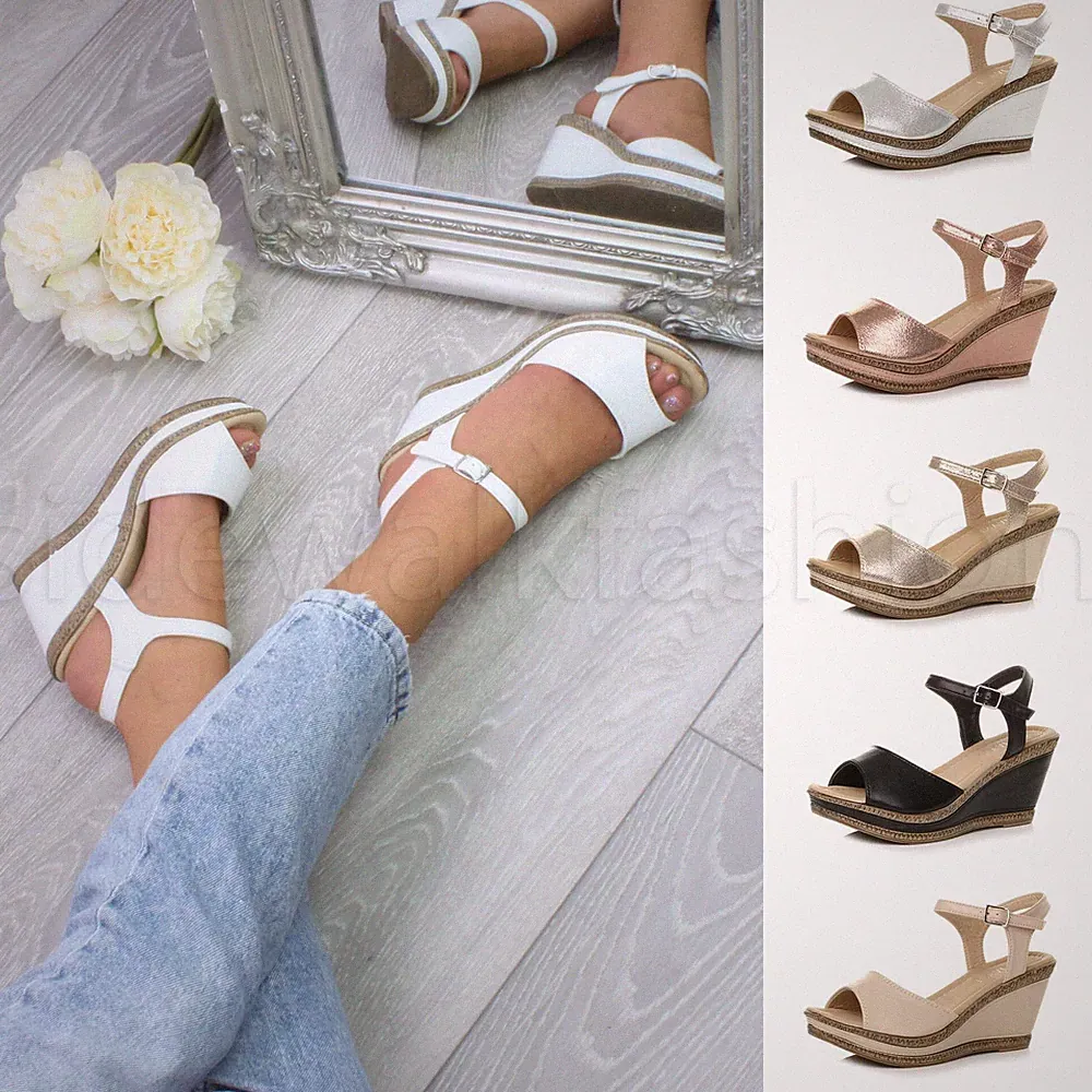 Damen Ladies High Heel Schnalle Espadrille Kork Plateau Wedges Sandalen Gr.