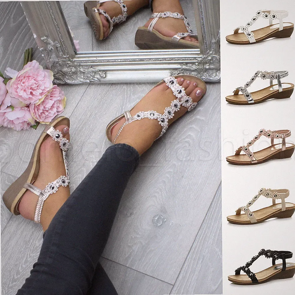 Damen Ladies Mid Heel Flower T-Bar Foodbed Sandalen Slingback Wedges Größe