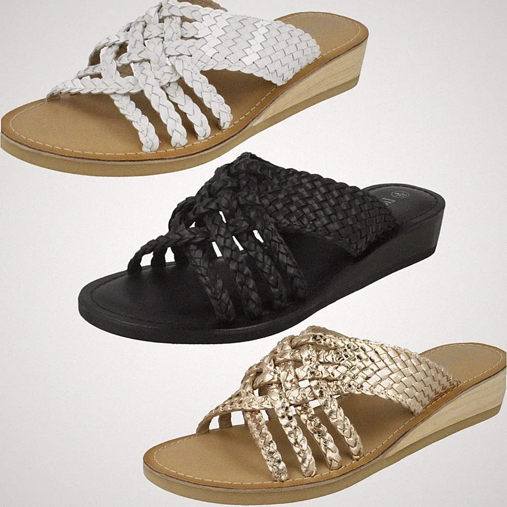 Damen Leder Kollektion Niedriger Keilabsatz Leder X Riemchen Mules - F0R0076