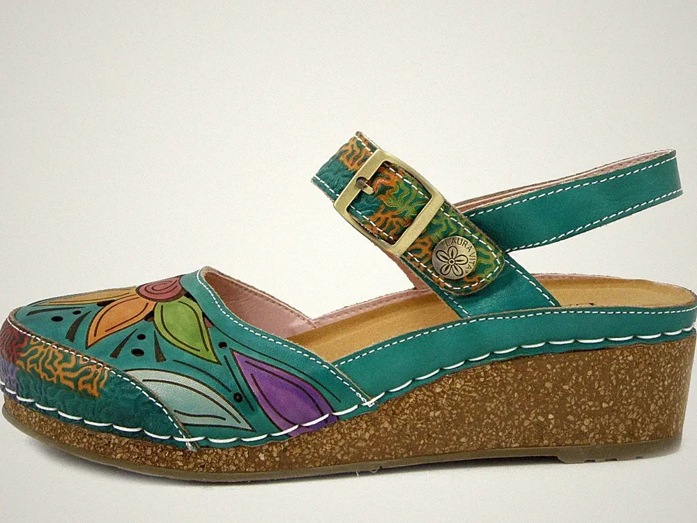 Damen Leder Sabot grün und mehrfarbig Keilabsatz und Plateau LAURA VITA