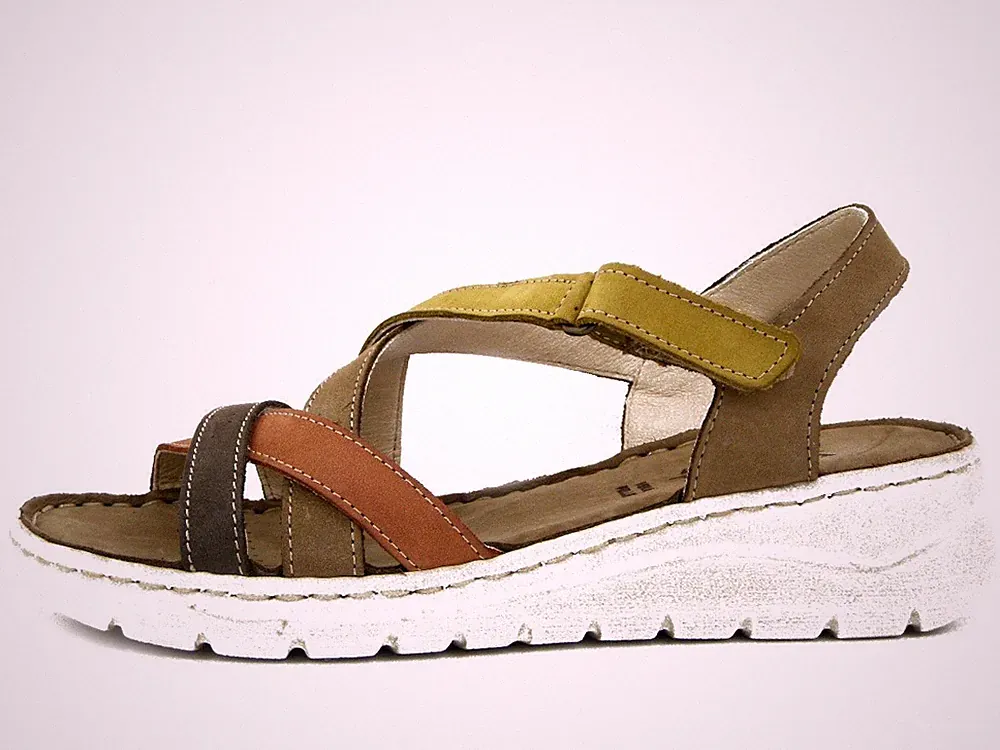Damen Leder Sandalen beige mehrfarbig mit Riemen niedriger Keilabsatz weich und bequem