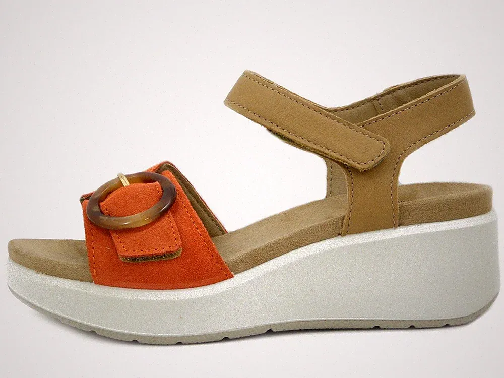 Damen Leder Sandalen beige und orange mit Riemchen mittlerer Keilabsatz und Plateau IMAC