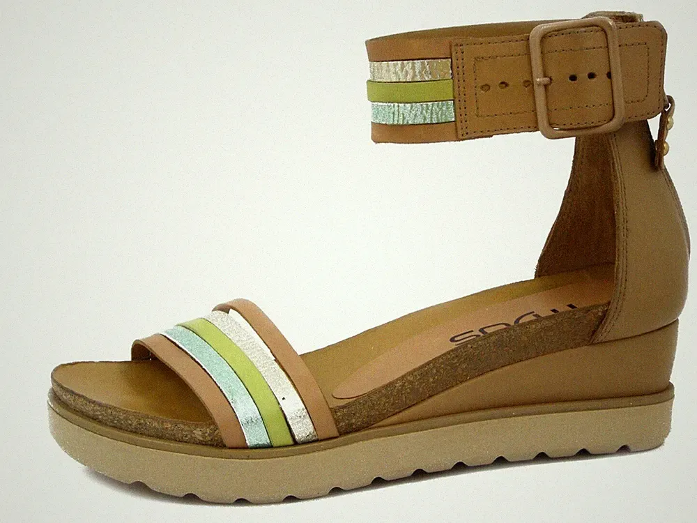 Damen Leder Sandalen braun Leder und grün mittlerer Keilabsatz 5 cm MJUS