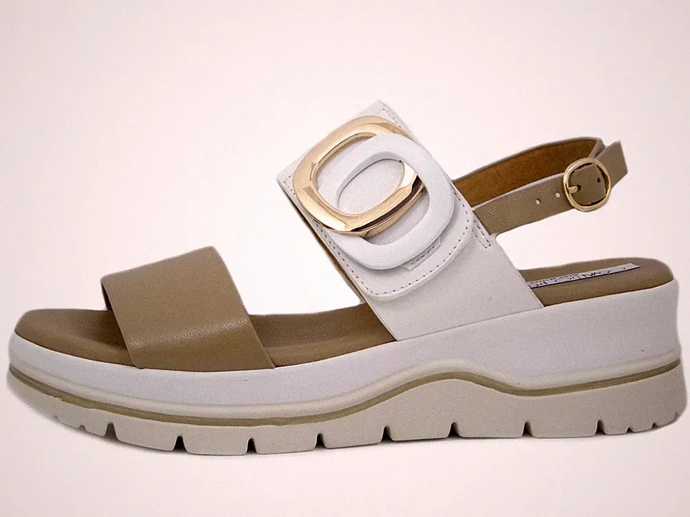Damen Leder Sandalen Weiß Beige mit Riemen Niedriger Keilabsatz Plateau Made in Italy
