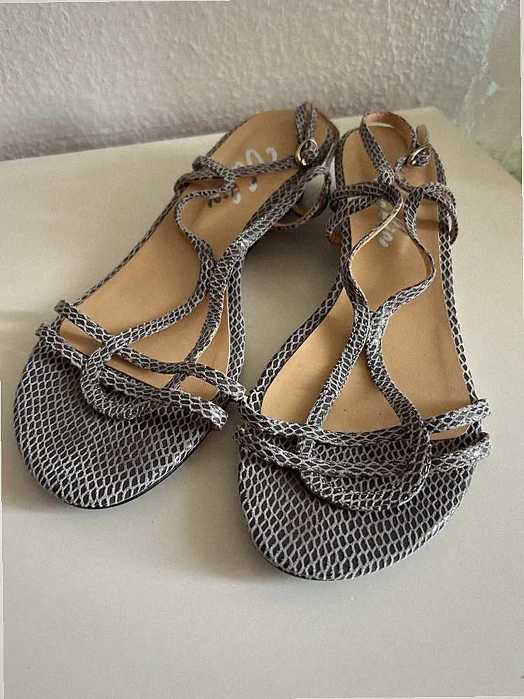 Damen Ledersandalen, grau, Snake Optik, Keilabsatz, Gr. 39