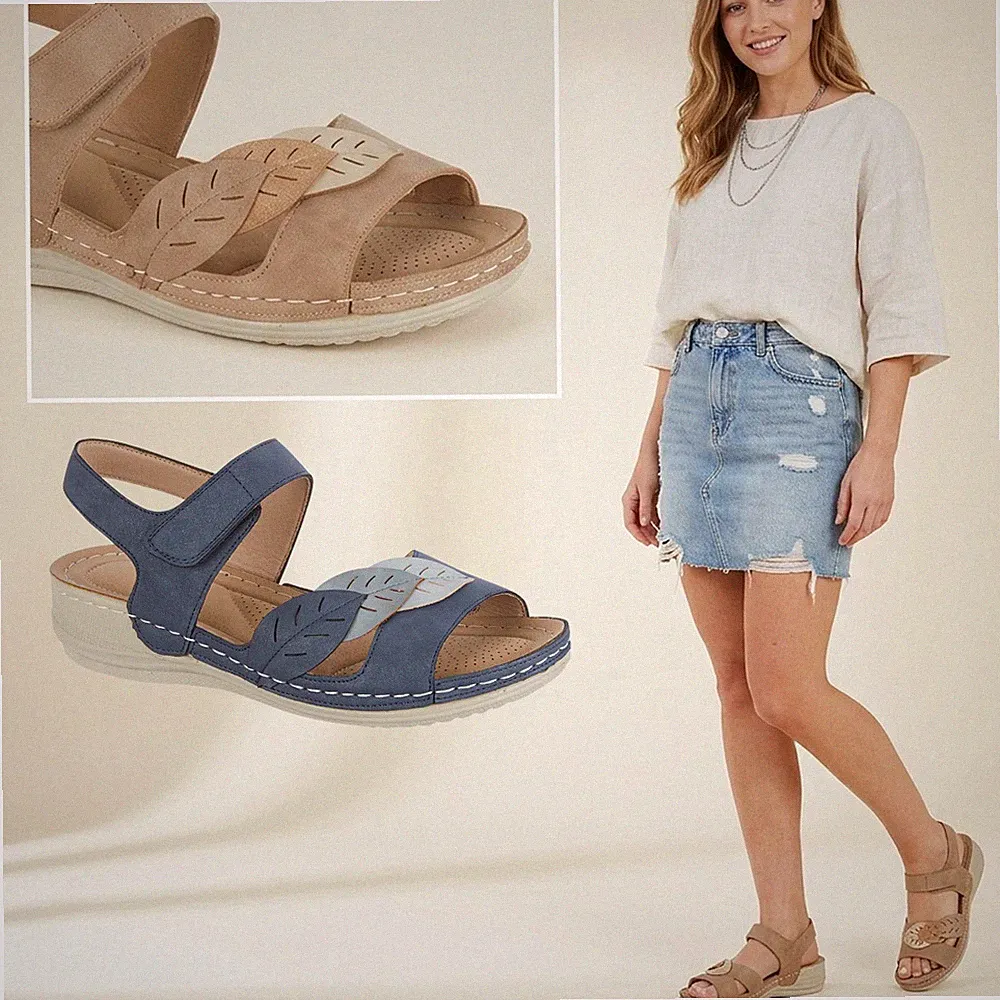 Damen leichte Keilabsatz Komfort Sandale Touch Riemen Blatt Detail Damen Pantoletten