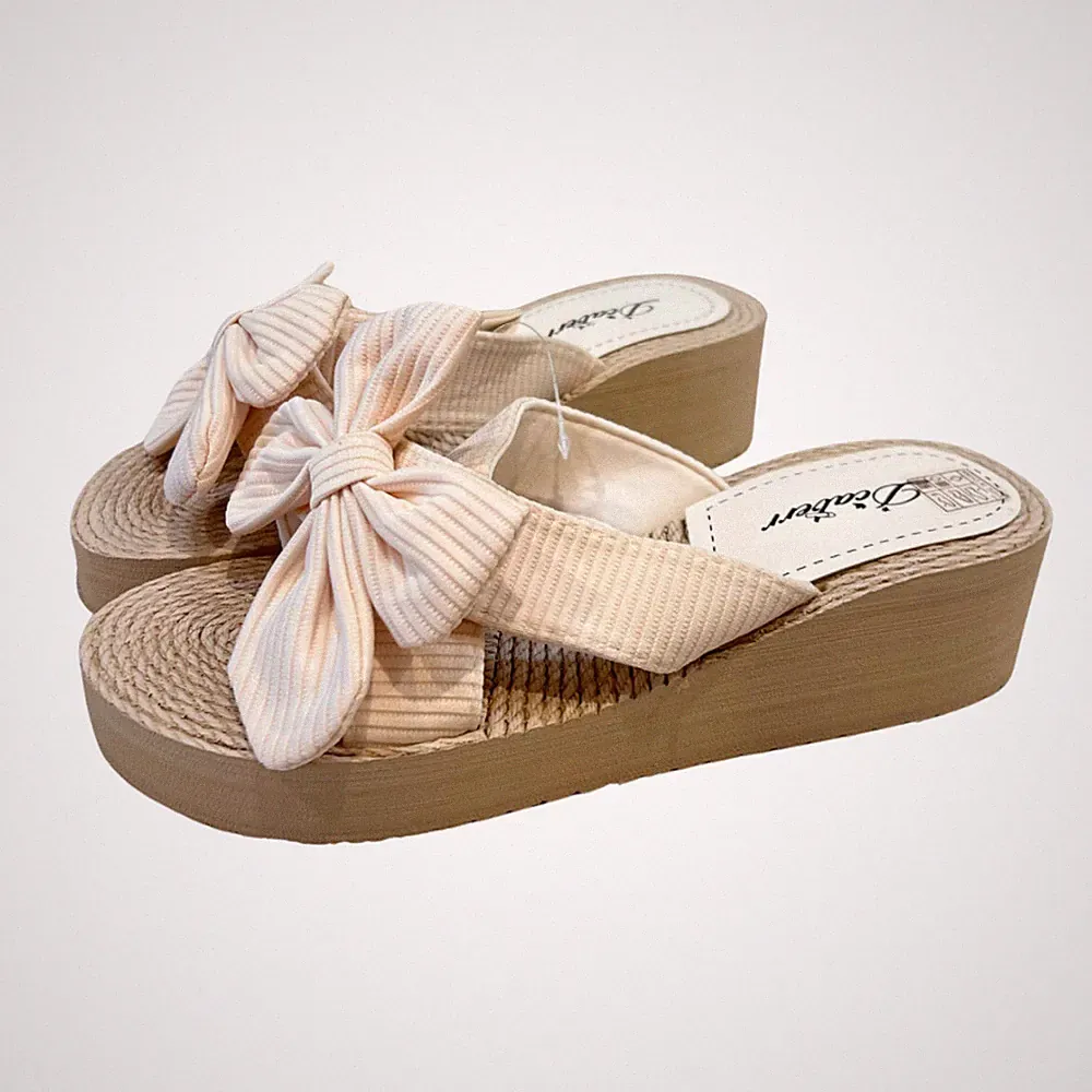 DAMEN LEICHTE SOMMER WEDGES PANTOLETTEN MIT GROSSER SCHLEIFE