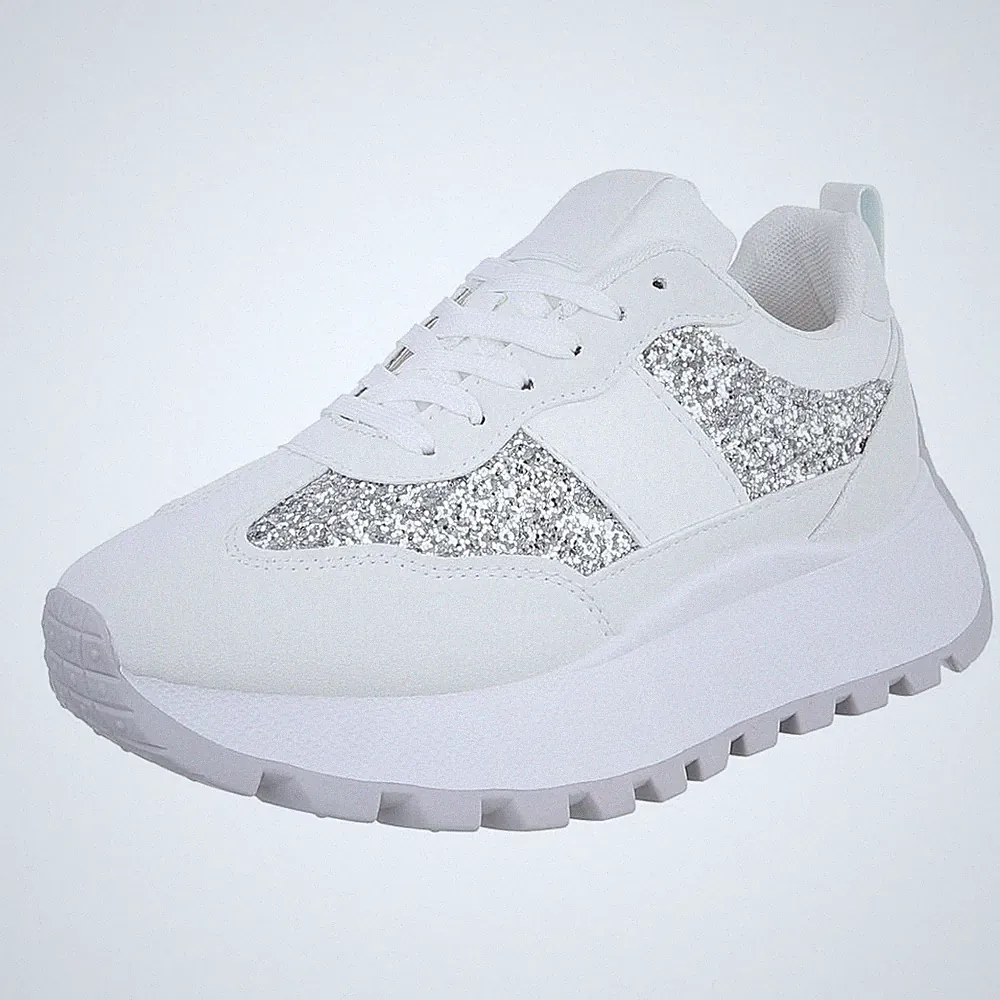 Damen Low-Top Sneaker mit Glitzer und Lochschnürung Ital-Design 2165 in Weiß
