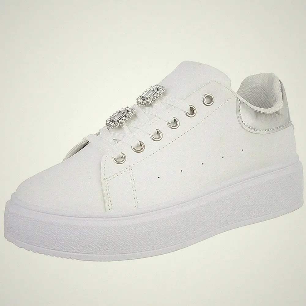 Damen Low-Top Sneaker mit Strass und Lochschnürung Ital-Design 1133 in Weiß