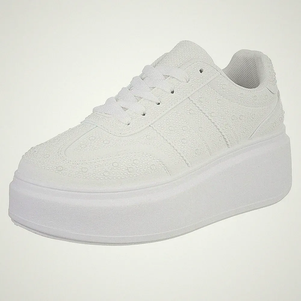 Damen Low-Top Sneaker mit Strass und Lochschnürung Ital-Design 1152 in Weiß