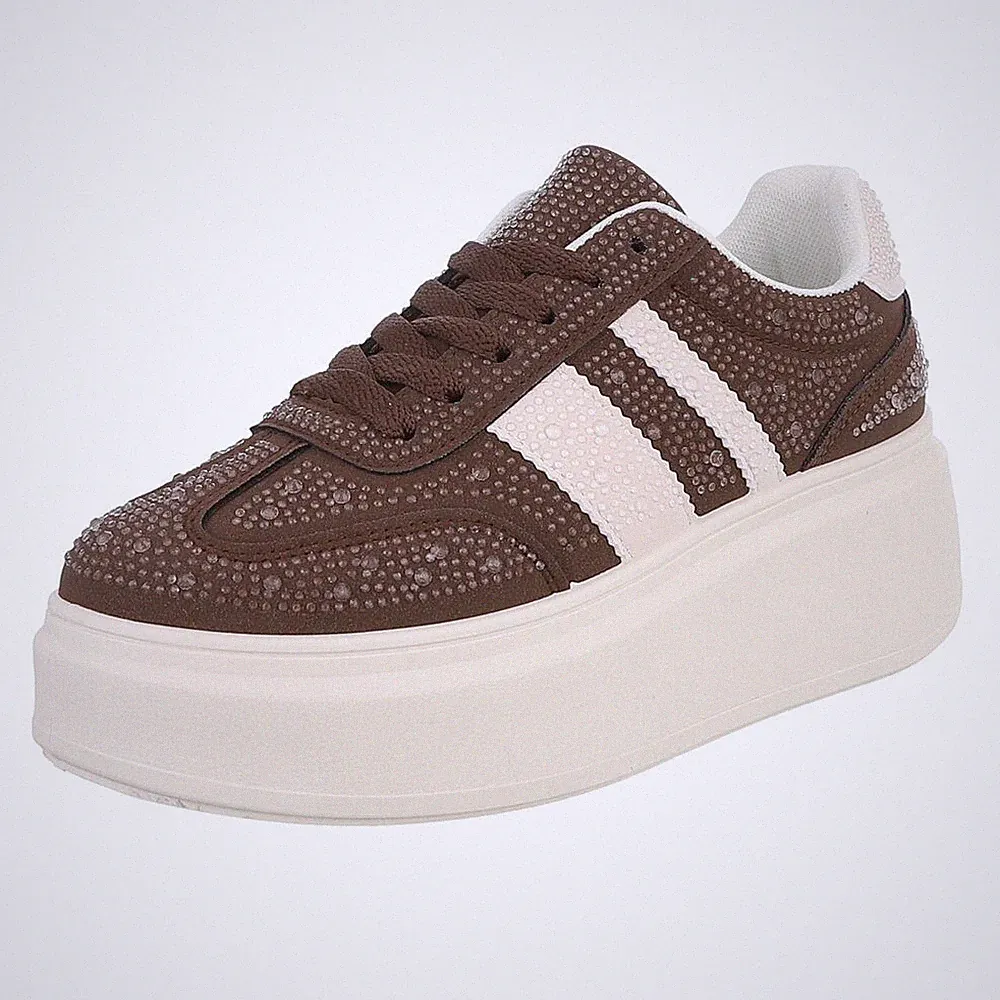 Damen Low-Top Sneaker mit Strass und Lochschnürung Ital-Design 3357 in Braun