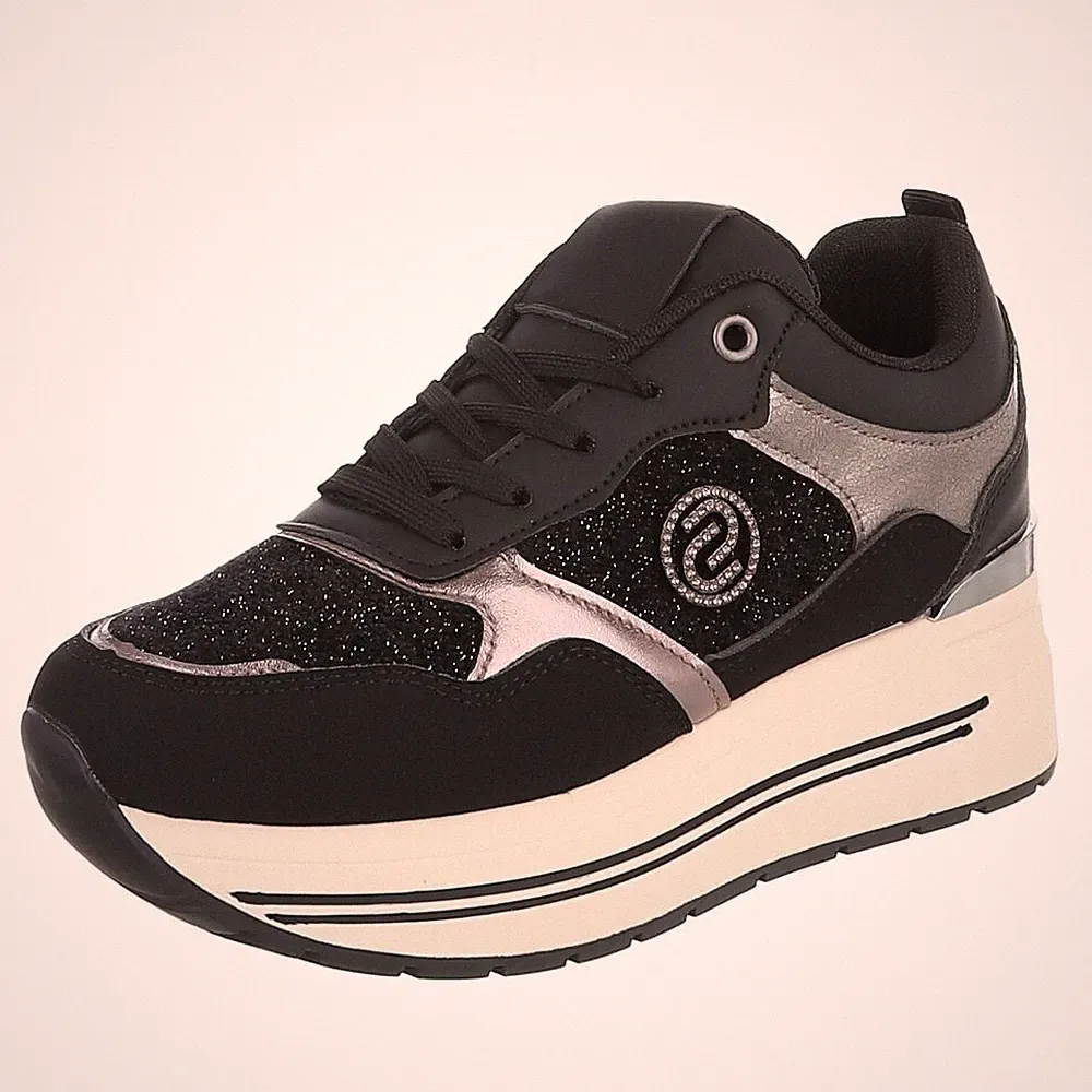 Damen Low-Top Sneaker mit Strass und Lochschnürung Ital-Design 3955 in Schwarz