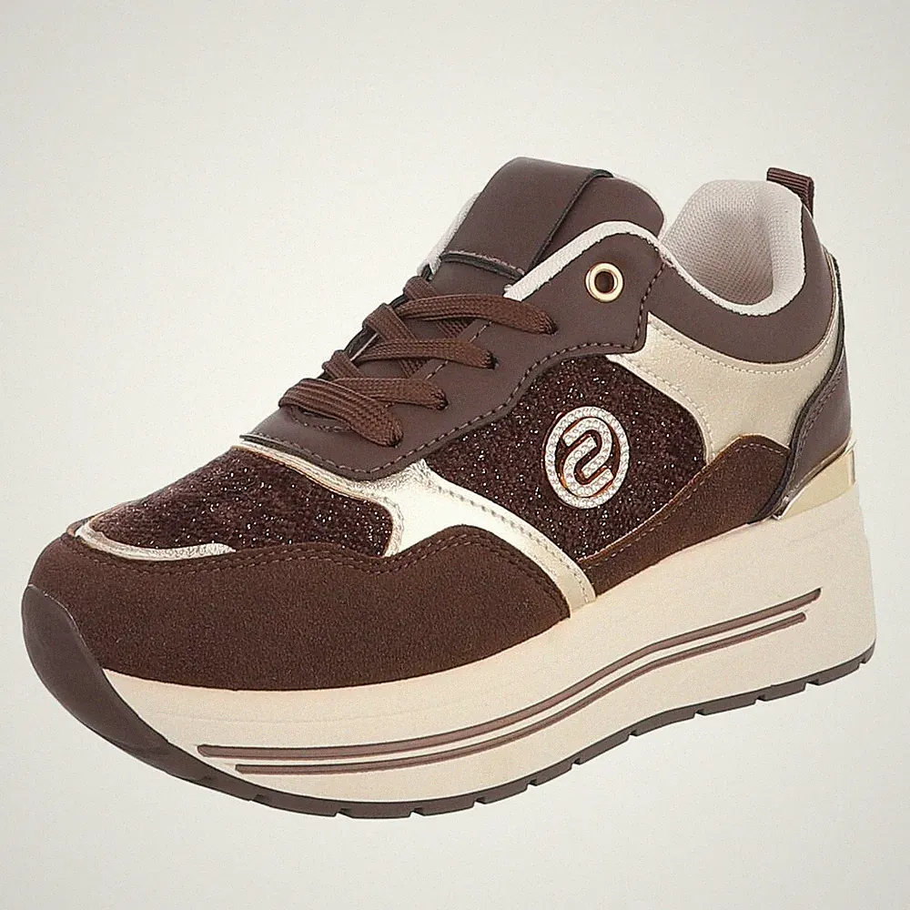 Damen Low-Top Sneaker mit Strass und Lochschnürung Ital-Design 4360 in Braun