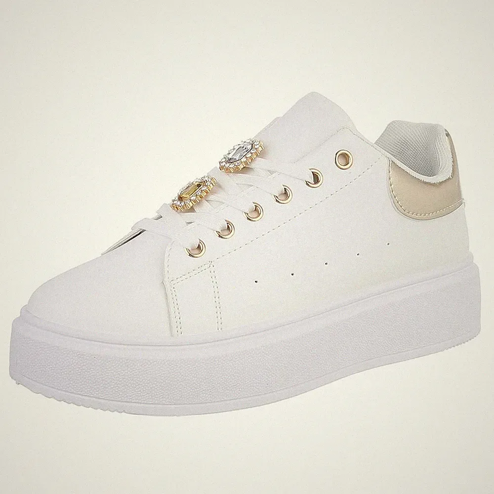 Damen Low-Top Sneaker mit Strass und Lochschnürung Ital-Design 6144 in Weiß